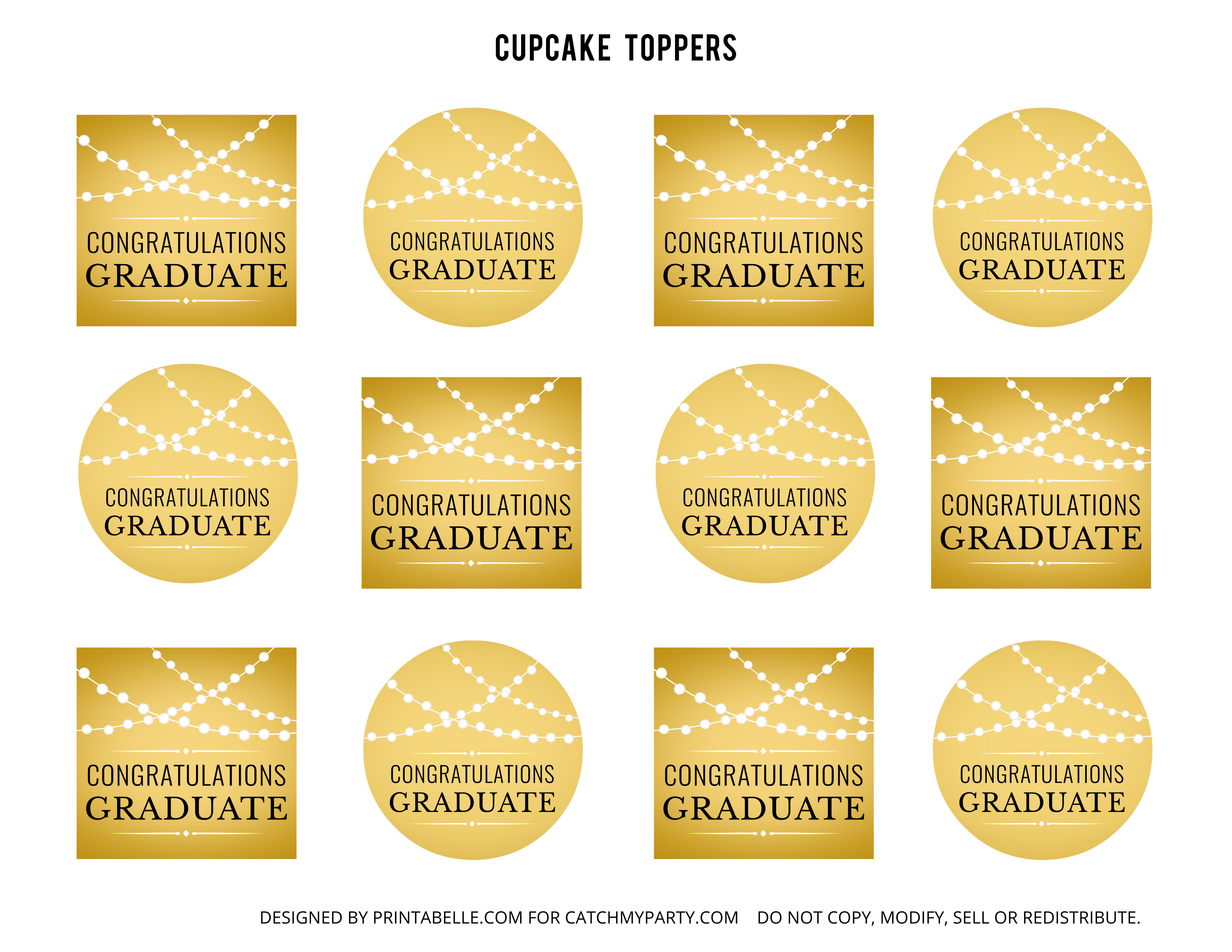 Free Gold Graduation Printables | Catch My Party - Free Printable Graduation Cupcake Toppers