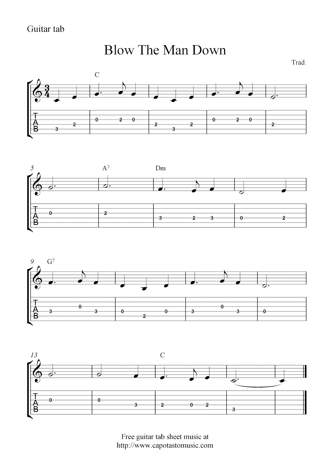 Free Guitar Tab Sheet Music, Blow The Man Down - Free Printable Guitar Music