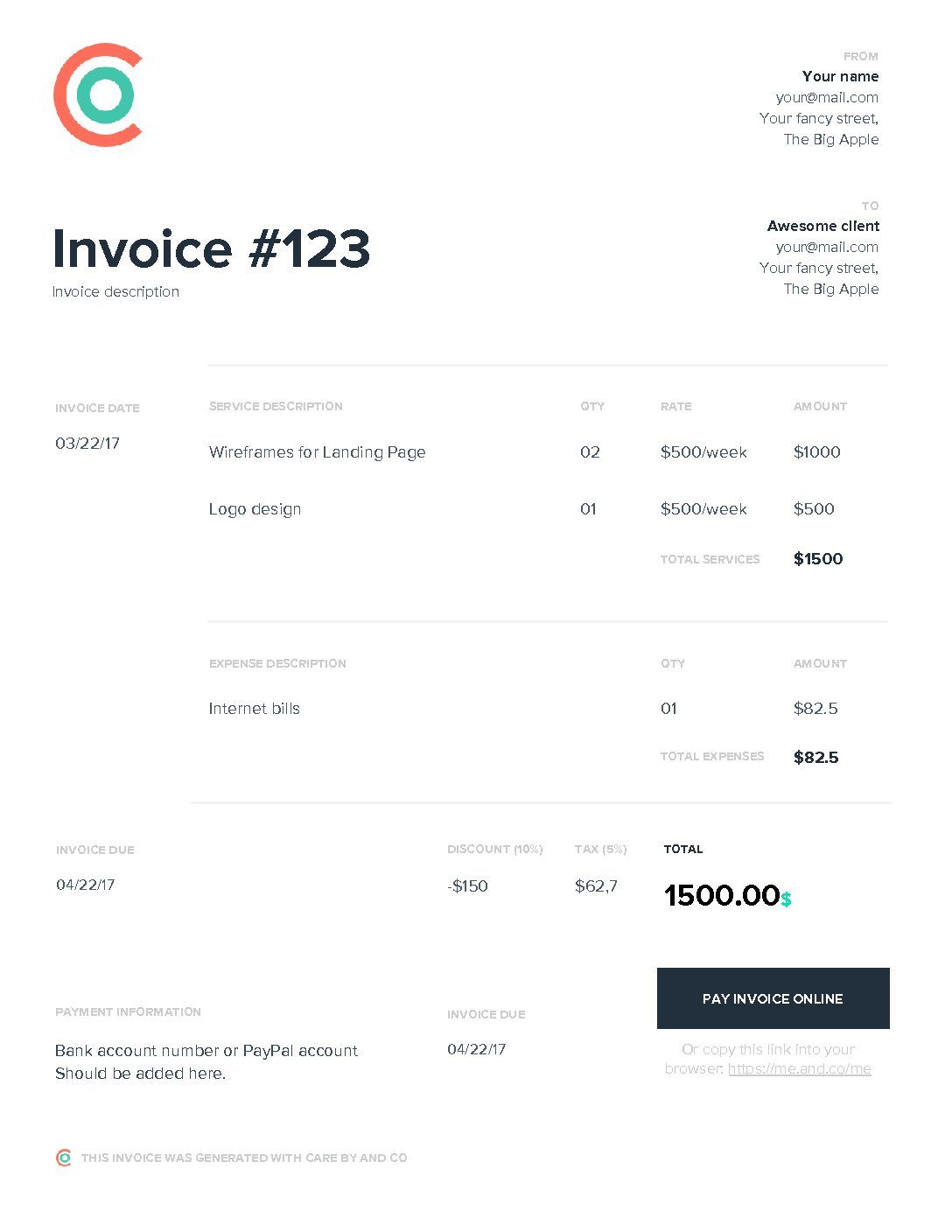 Free Invoice Template | Excel | Pdf | Word (.doc) - And Co - Free Invoices Online Printable