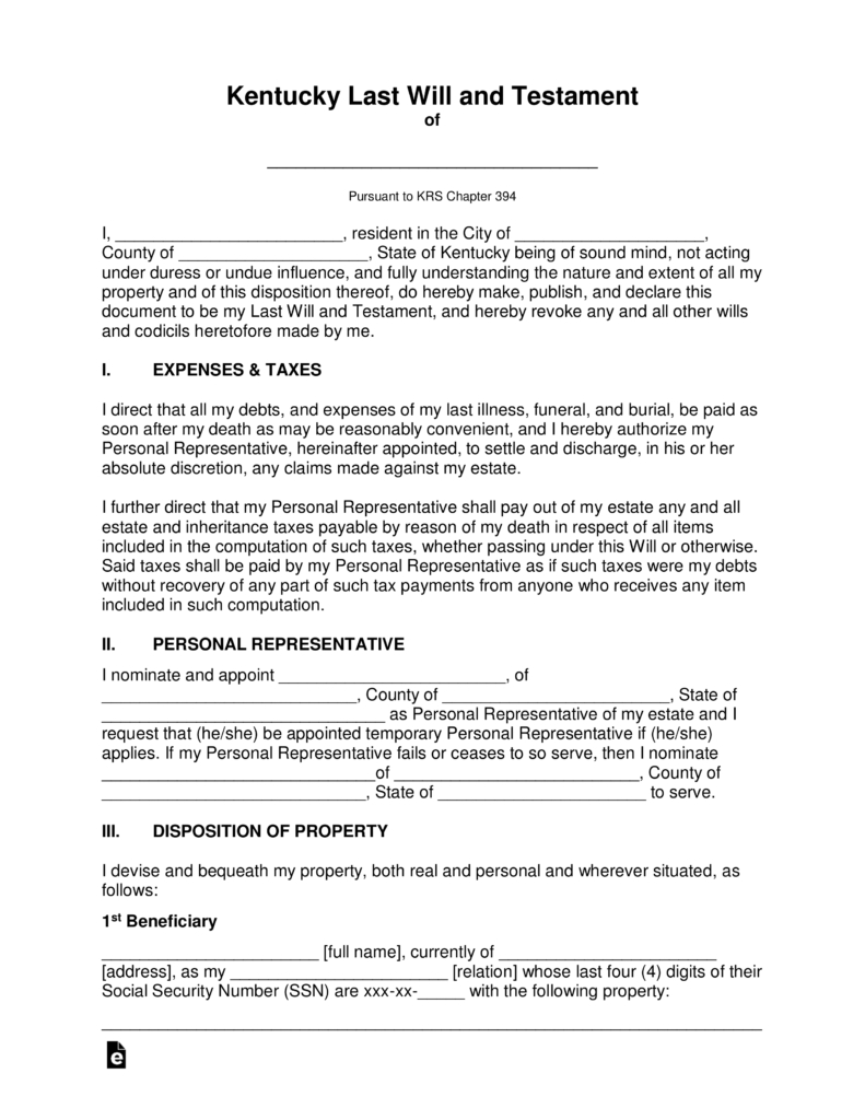 Free Kentucky Last Will And Testament Template - Pdf | Word | Eforms - Free Printable Wills