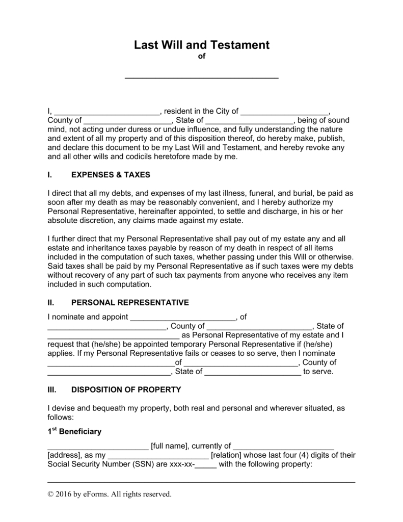 Free Last Will And Testament Templates - A “Will” - Pdf | Word - Free Printable Will Papers