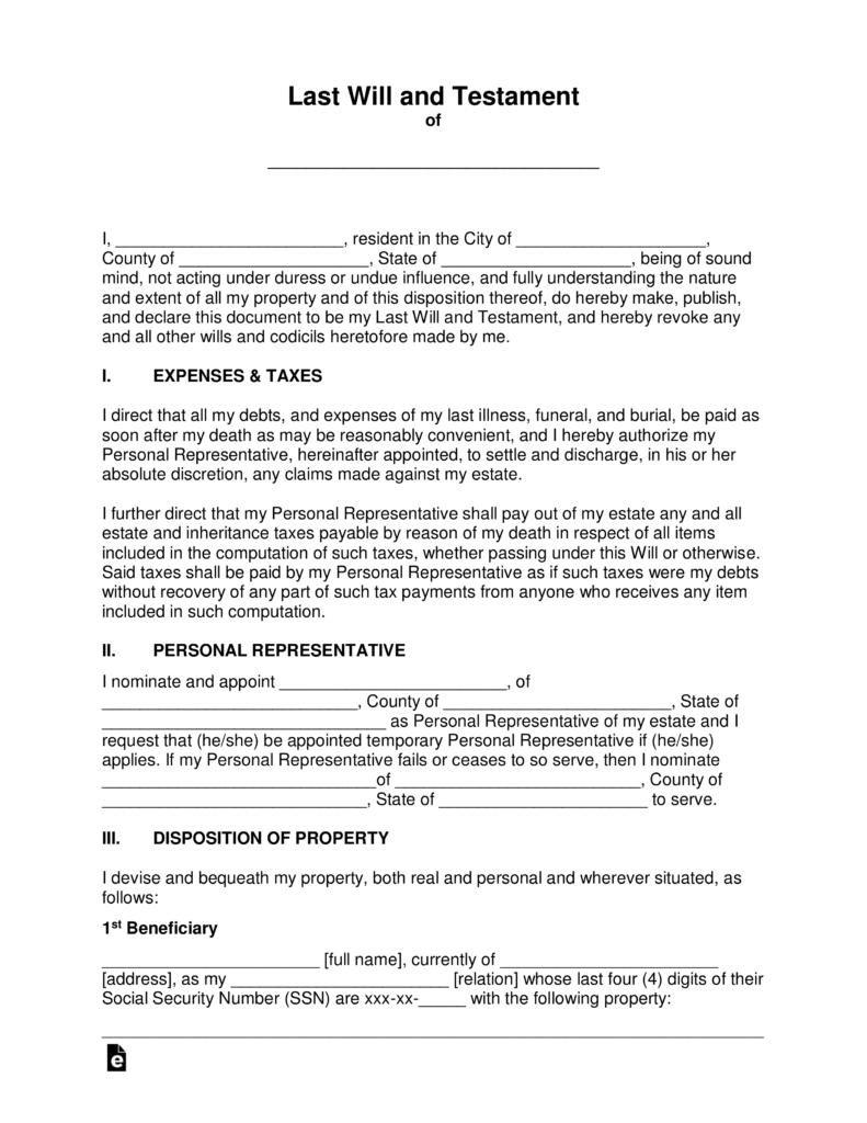 Free Last Will And Testament Templates - A “Will” - Pdf | Word - Free Printable Wills