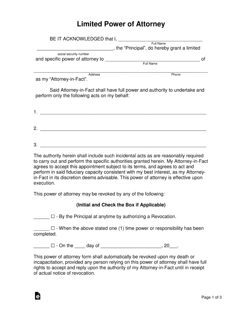 Free Limited (Special) Power Of Attorney Forms - Pdf | Word | Eforms - Free Printable Power Of Attorney Form Washington State