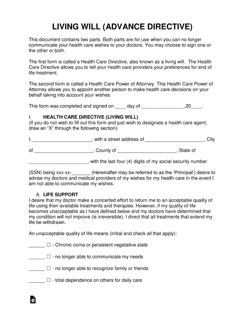 Free Living Will Forms (Advance Directive) | Medical Poa - Pdf - Free Online Printable Living Wills