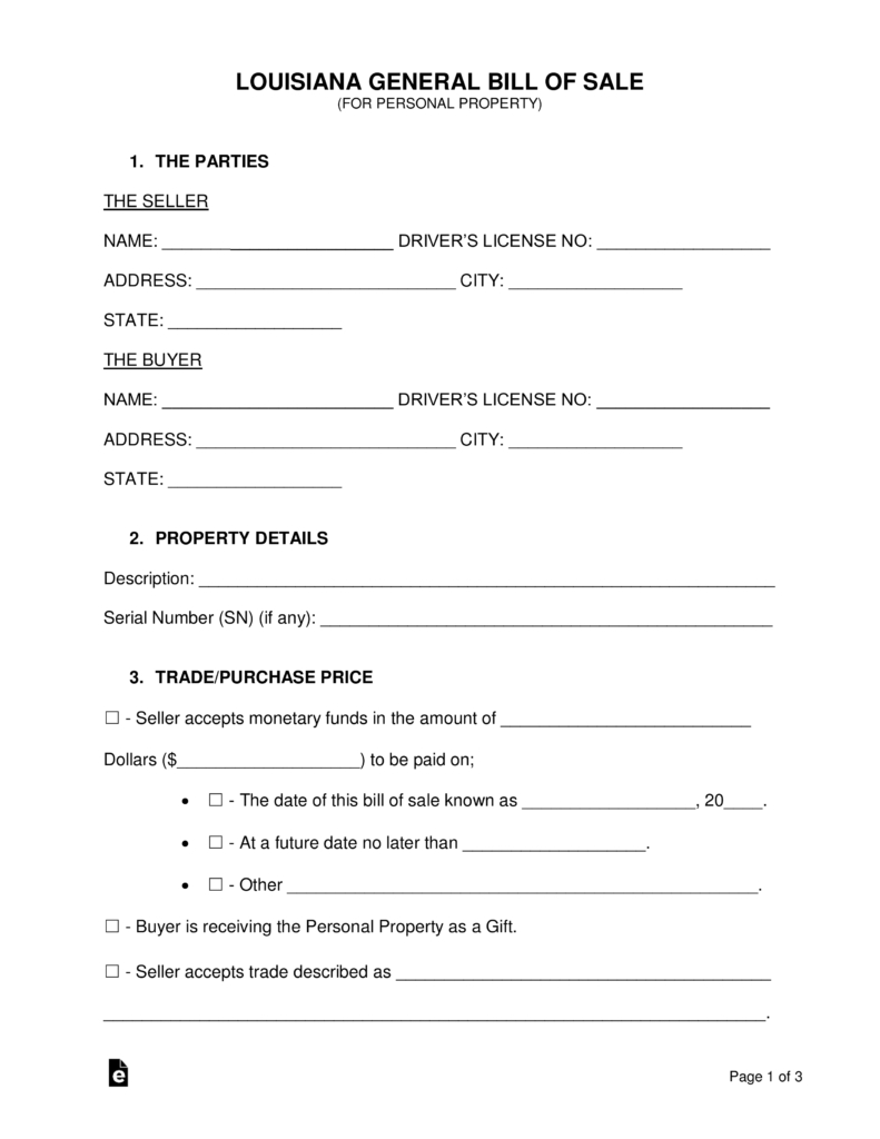 Free Louisiana General Bill Of Sale Form - Word | Pdf | Eforms - Free Printable Bill Of Sale Form