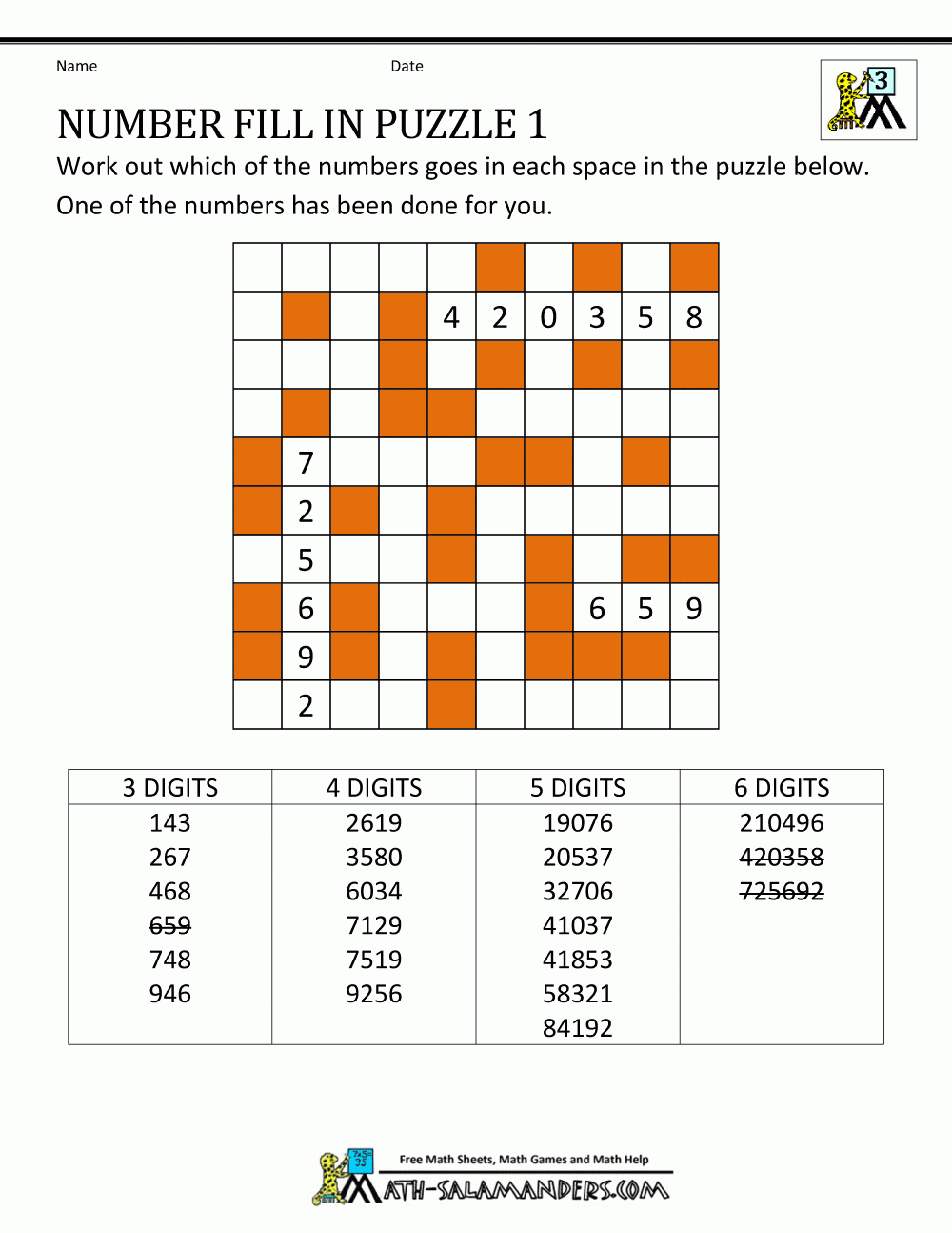 Free Math Puzzles Number Fill In Puzzle 1 | Jonathan Ideas - Free Printable Math Puzzles