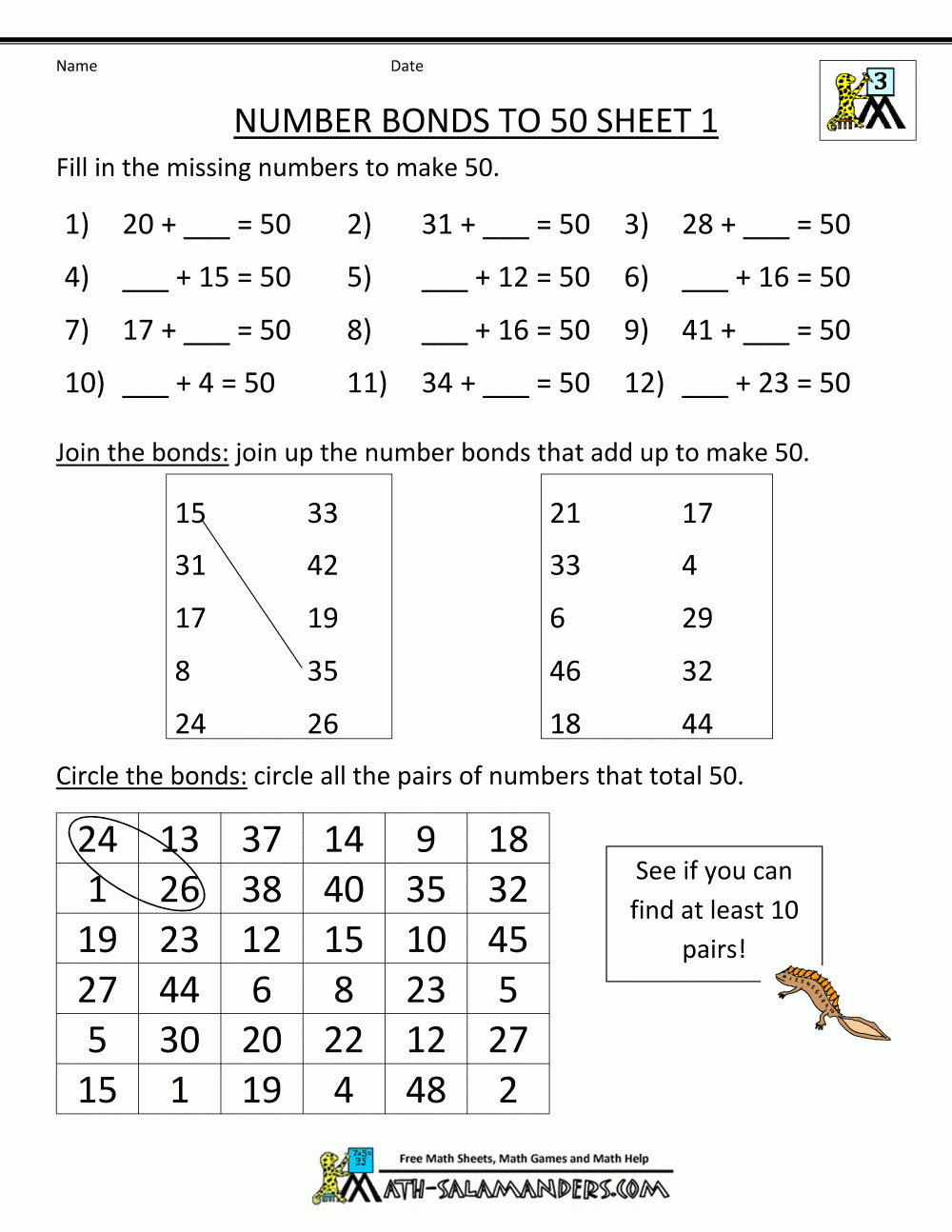 Free Math Worksheets Number Bonds To 50 1 | New | Pinterest | Number - Free Printable Number Bond Template