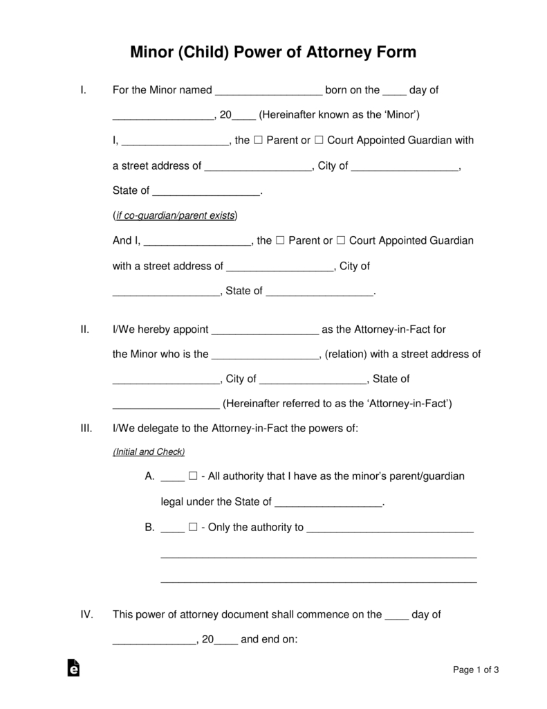 Free Minor (Child) Power Of Attorney Forms - Pdf | Word | Eforms - Free Printable Child Custody Papers