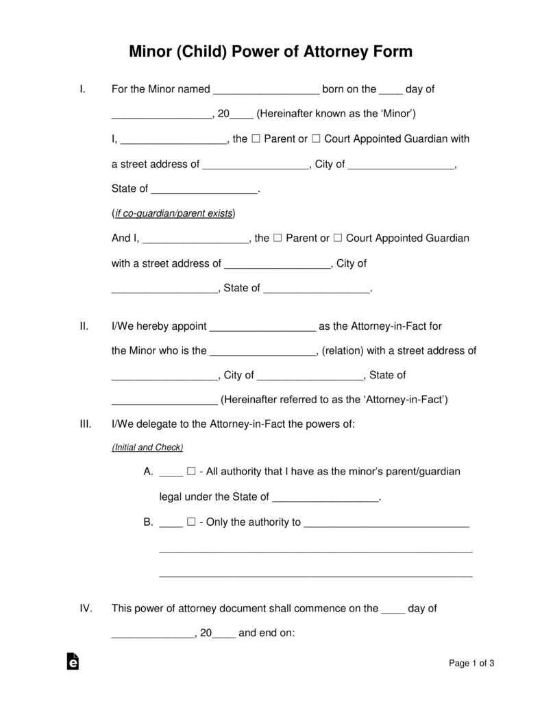 Free Minor (Child) Power Of Attorney Forms - Pdf | Word | Eforms - Free Printable Legal Guardianship Forms