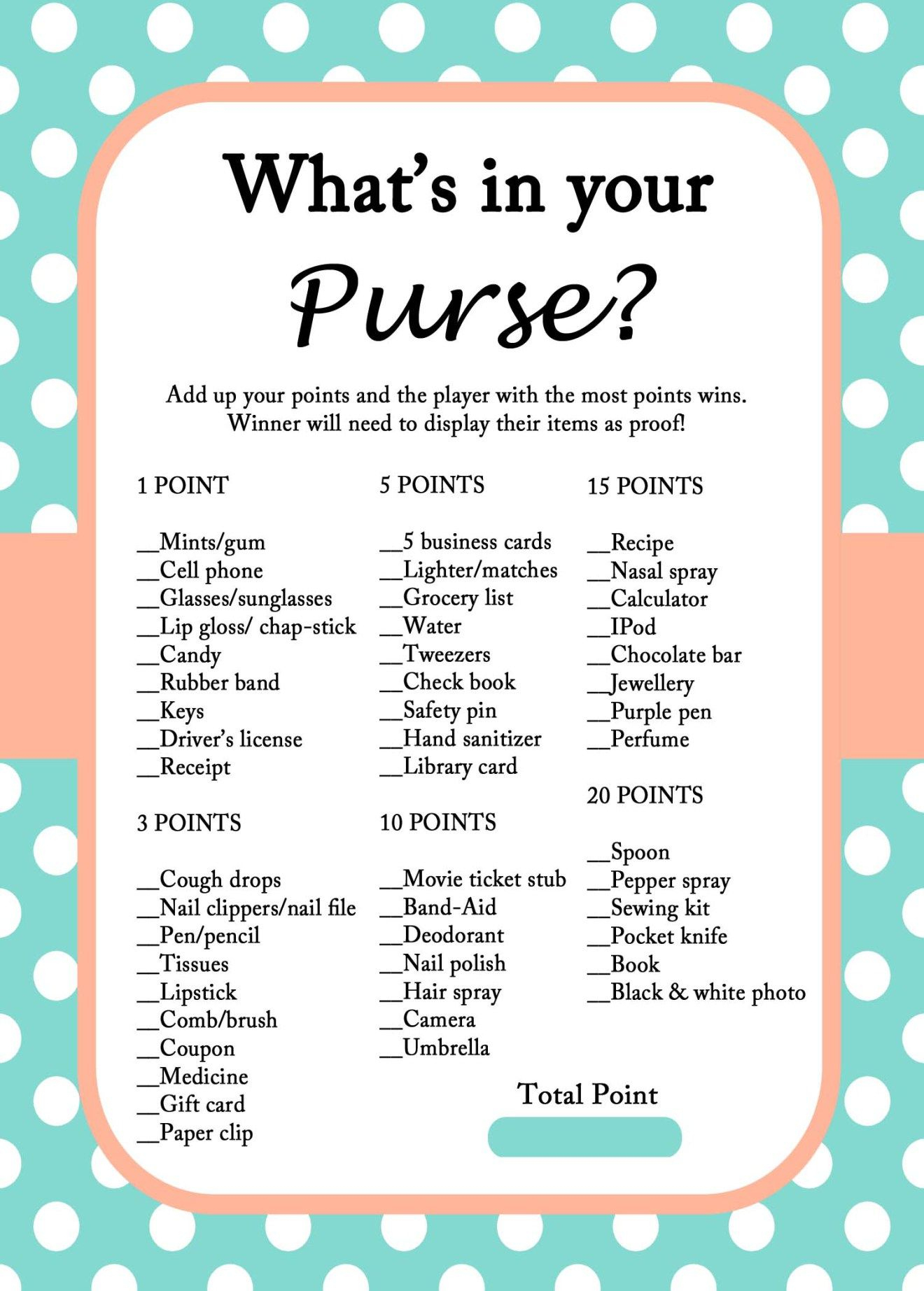 Free Mint Bridal Shower Game Printables | Nicolle | Pinterest - Free Printable What&amp;#039;s In Your Purse Game