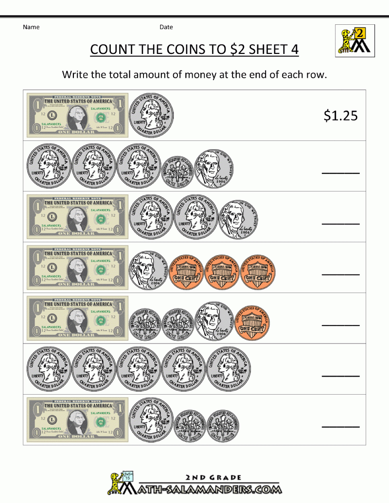 Free Money Worksheets Count The Coins To 2 Dollars 4 | 2Nd Grade - Free Printable Counting Money Worksheets For 2Nd Grade