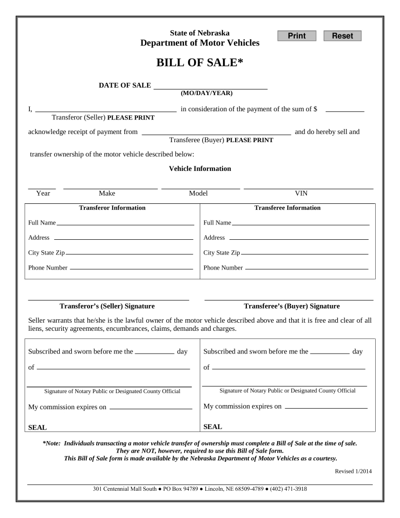 Free Nebraska Motor Vehicle Bill Of Sale Form - Pdf | Eforms – Free - Free Printable Bill Of Sale For Car