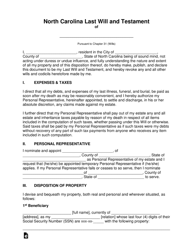 Free North Carolina Last Will And Testament Template - Pdf | Word - Free Printable Wills