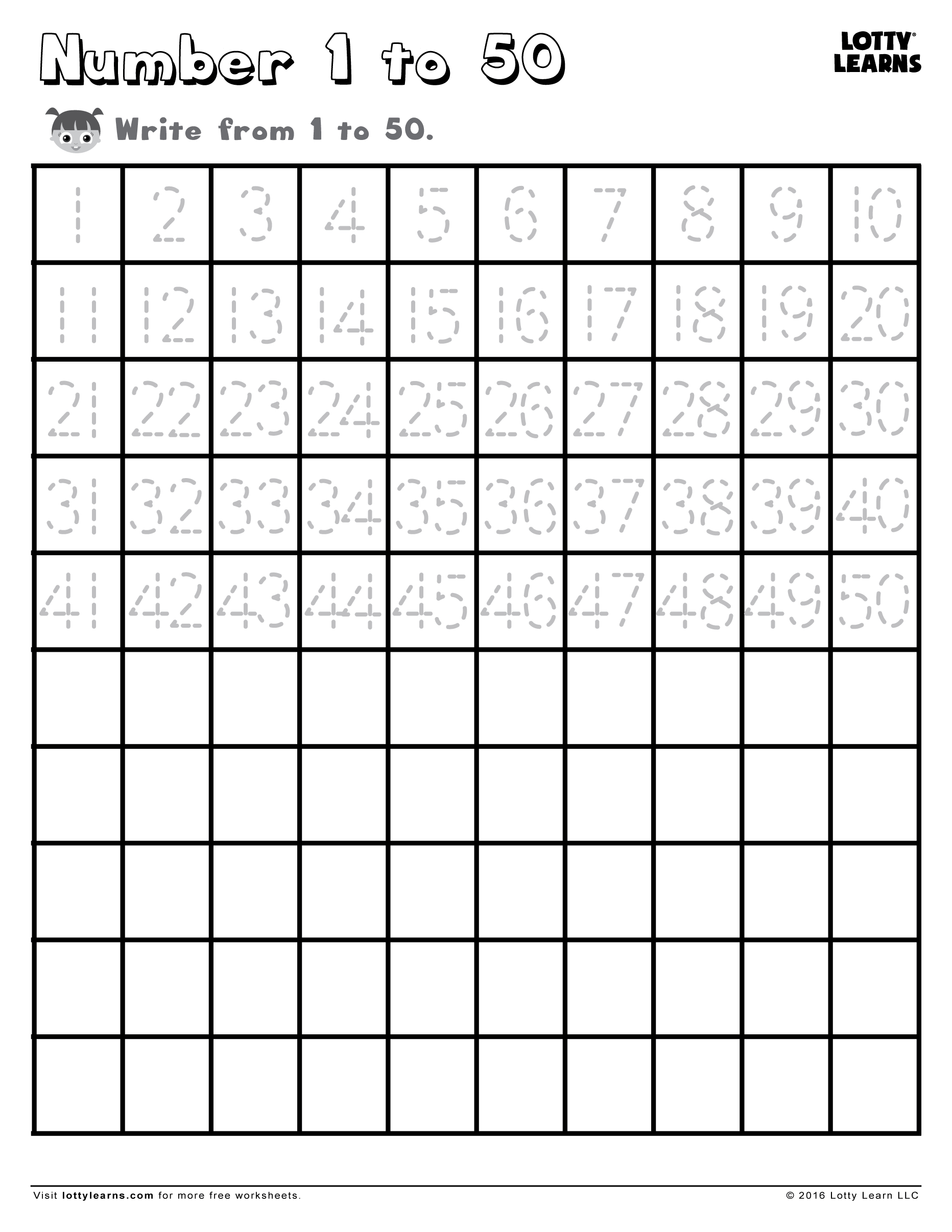 Free Number Writing Practice Worksheets On Lottylearns! Learn To - Free Printable Tracing Numbers 1 50
