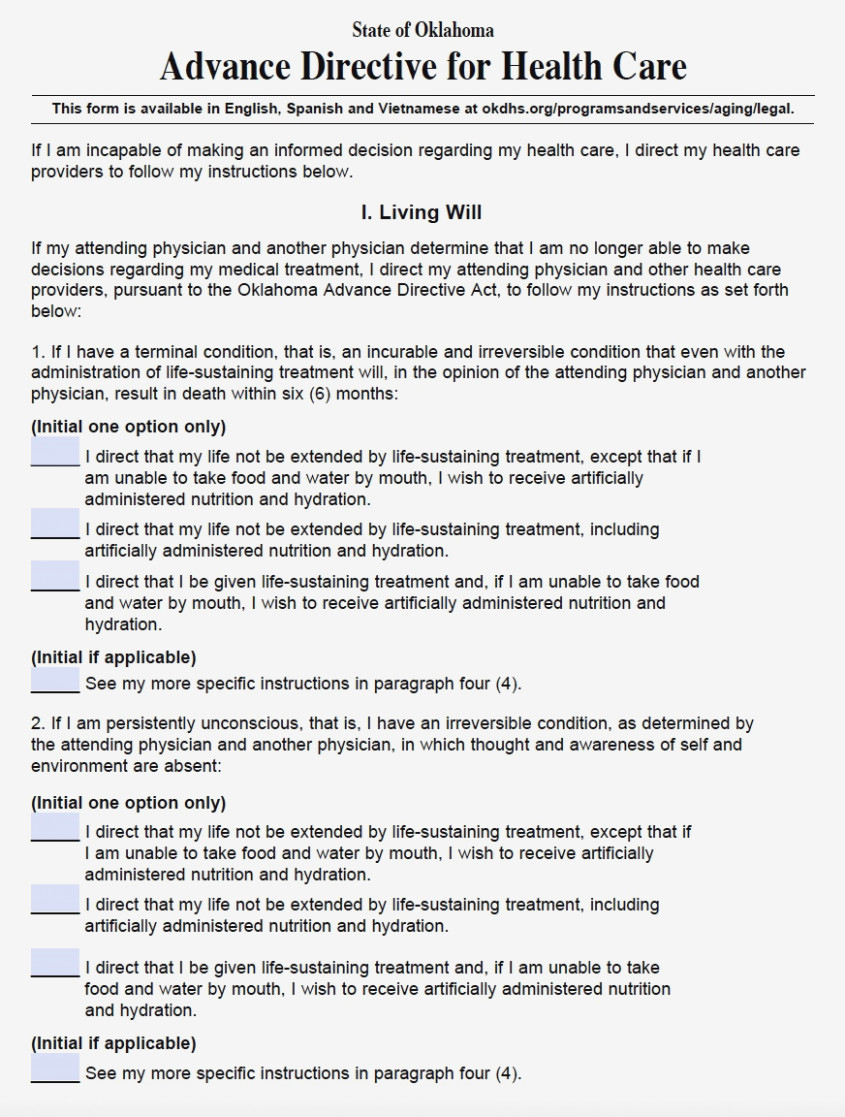 Free Oklahoma Living Will Forms | Advance Health Care Directive - Free Printable Living Will Forms Washington State