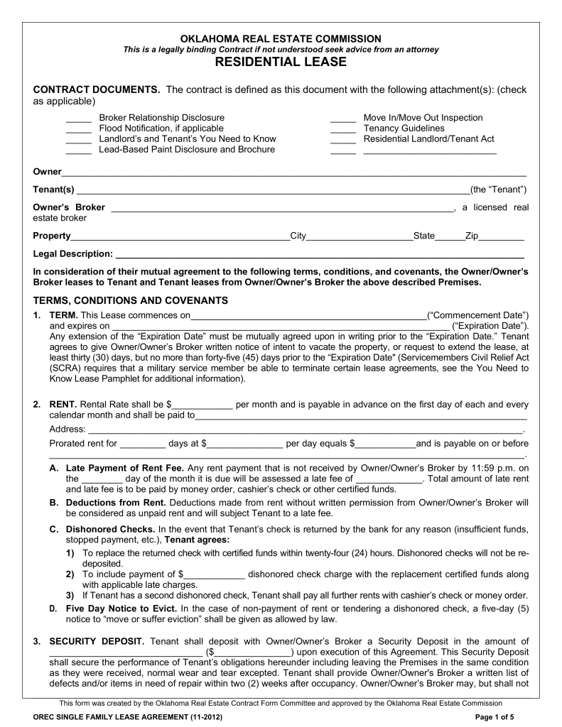 Free Oklahoma Standard Residential Lease Agreement Template - Word - Free Printable Residential Rental Agreement Forms