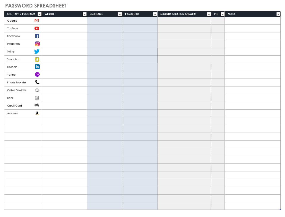 Free Password Templates And Spreadsheets | Smartsheet - Free Printable Password Organizer