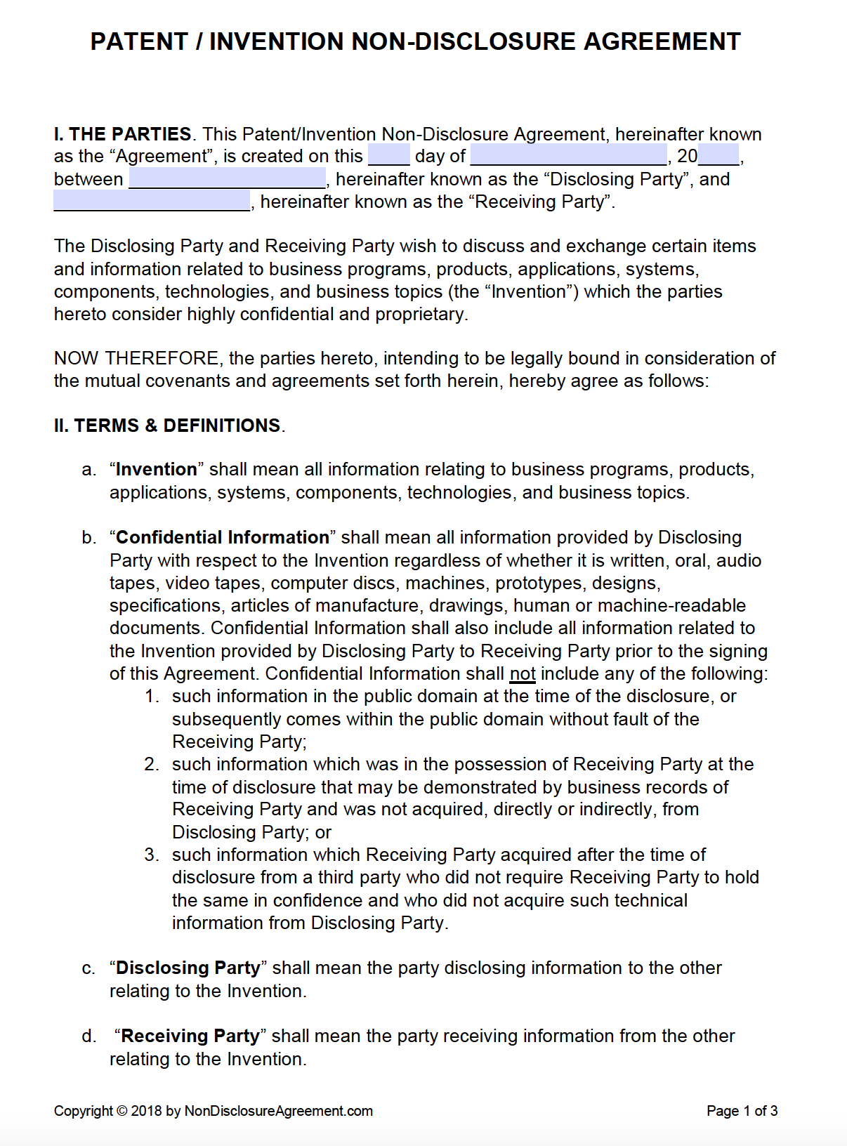 Free Patent (Invention) Non-Disclosure Agreement (Nda) | Pdf | Word - Free Printable Non Disclosure Agreement Form