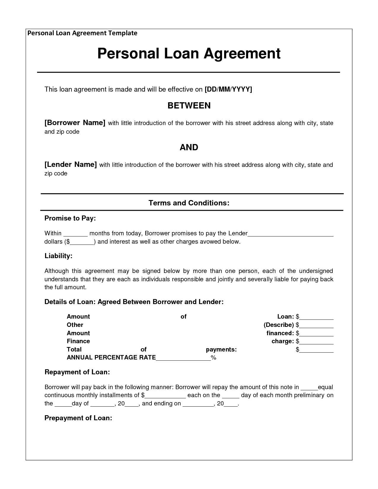 Free Personal Loan Agreement Form Template - $1000 Approved In 2 - Free Printable Legal Documents Forms