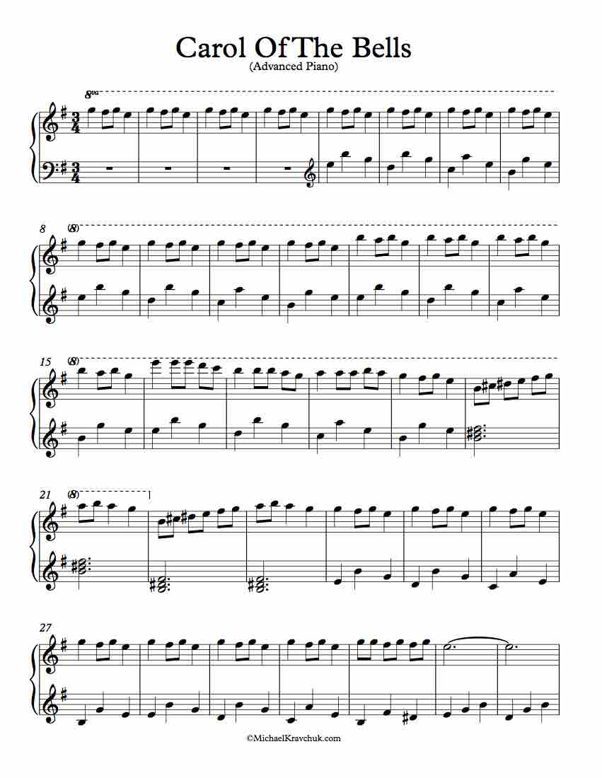 Free Piano Arrangement Sheet Music – Carol Of The Bells – Michael - Free Printable Piano Pieces