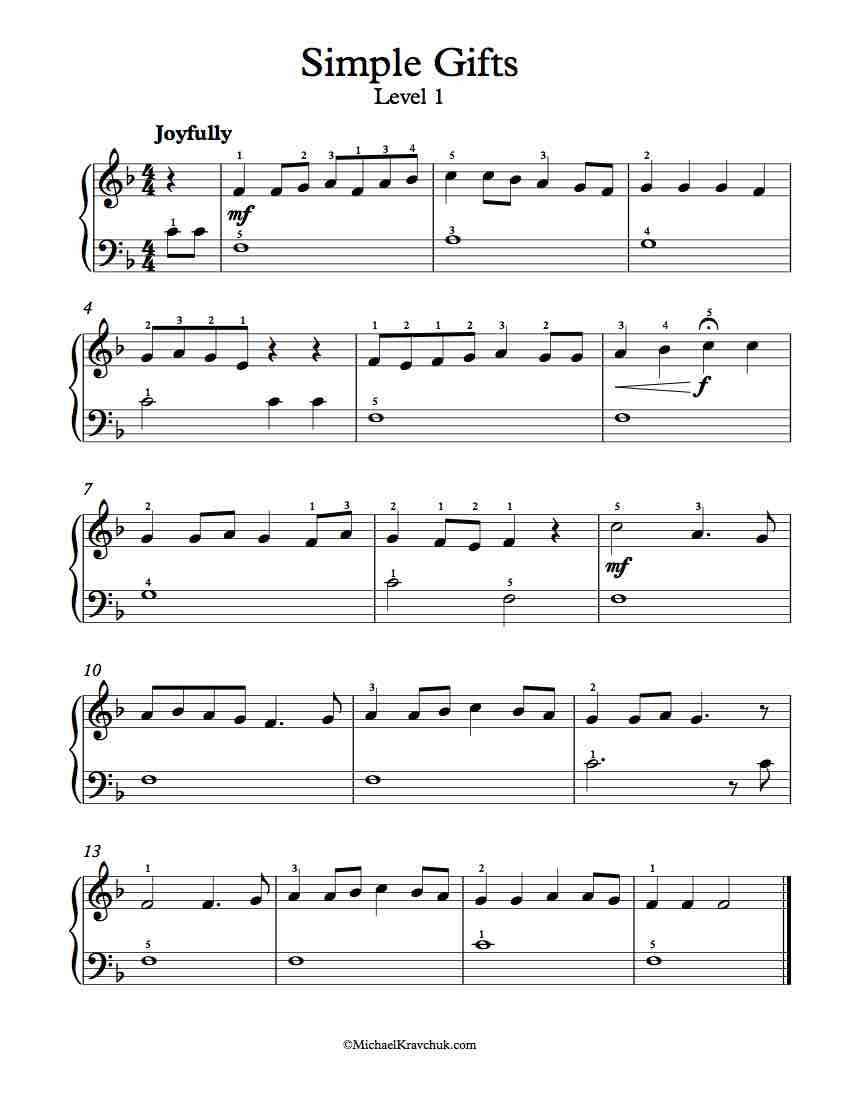 Free Piano Arrangement Sheet Music - Simple Gifts - Free Piano Sheet Music Online Printable Popular Songs