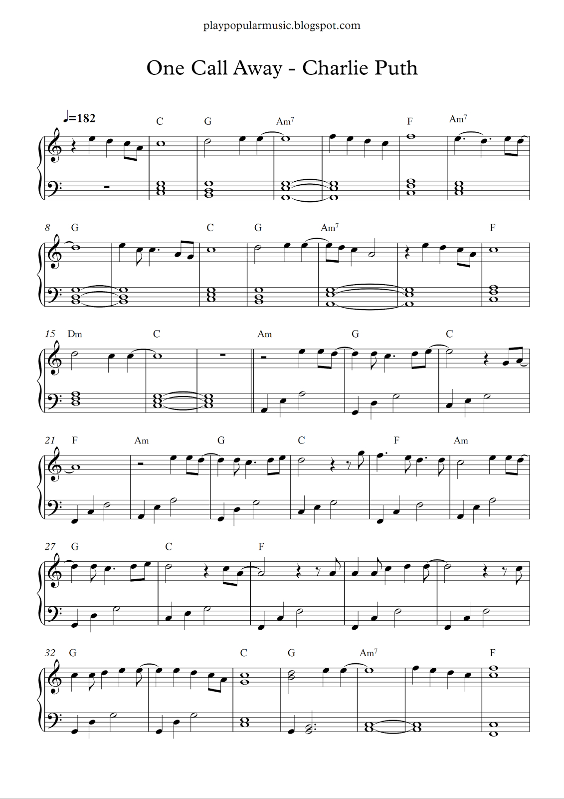 Free Piano Sheet Music: One Call Away - Charlie Puth.pdf I&amp;#039;m Only - Free Piano Sheet Music Online Printable Popular Songs