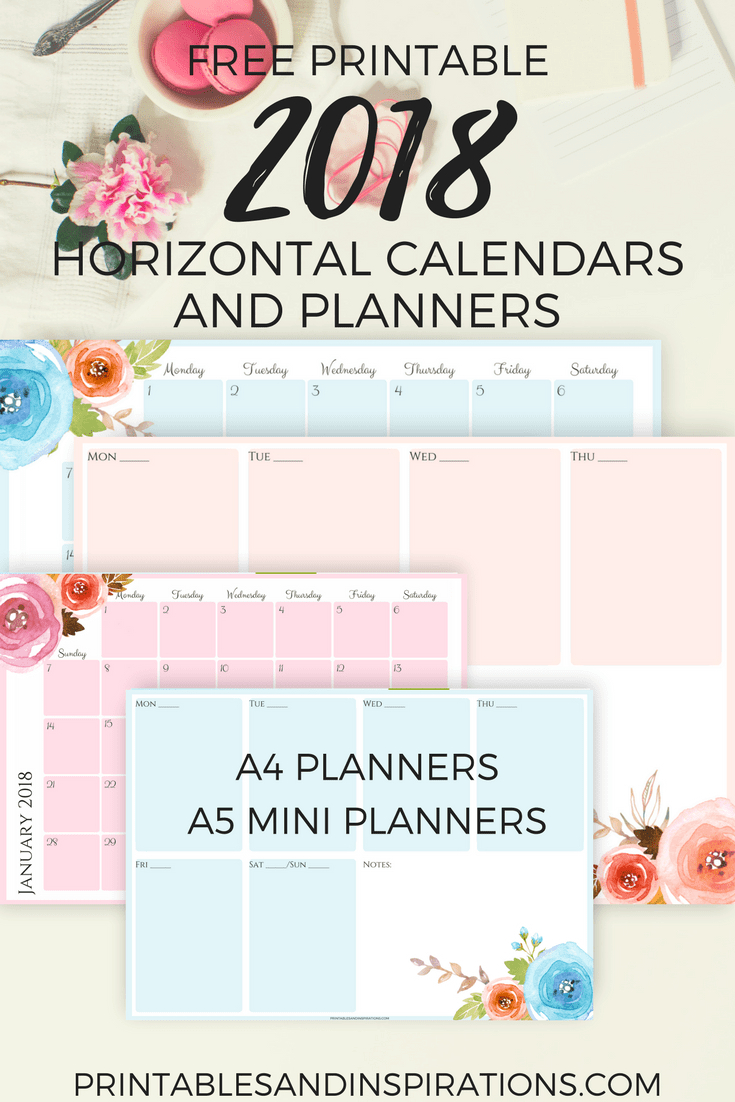 Free Pretty 2018 Horizontal Calendar And Floral Planner Printables - Planner 2018 Printable Free