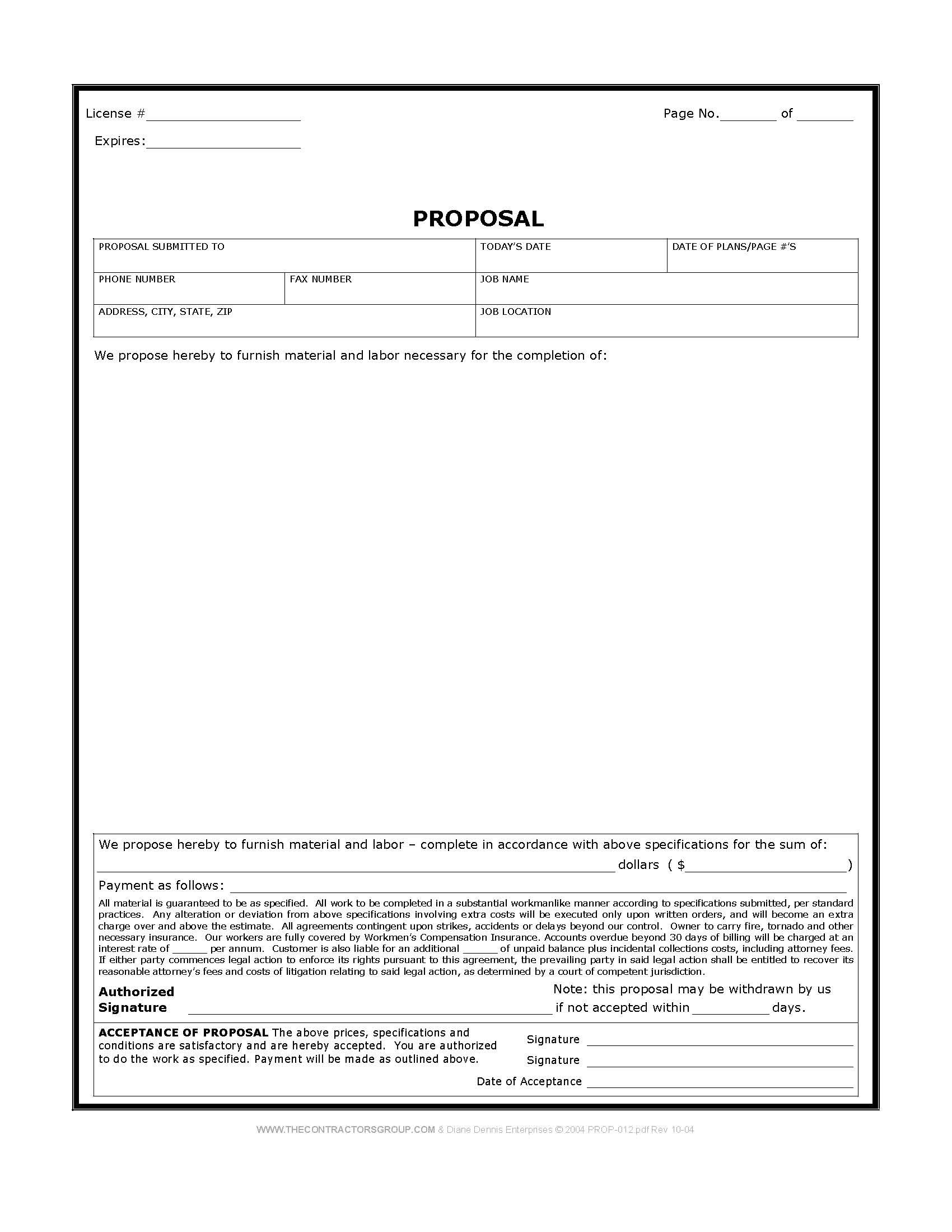 Free Print Contractor Proposal Forms | Construction Proposal Form - Free Printable Job Quote Forms