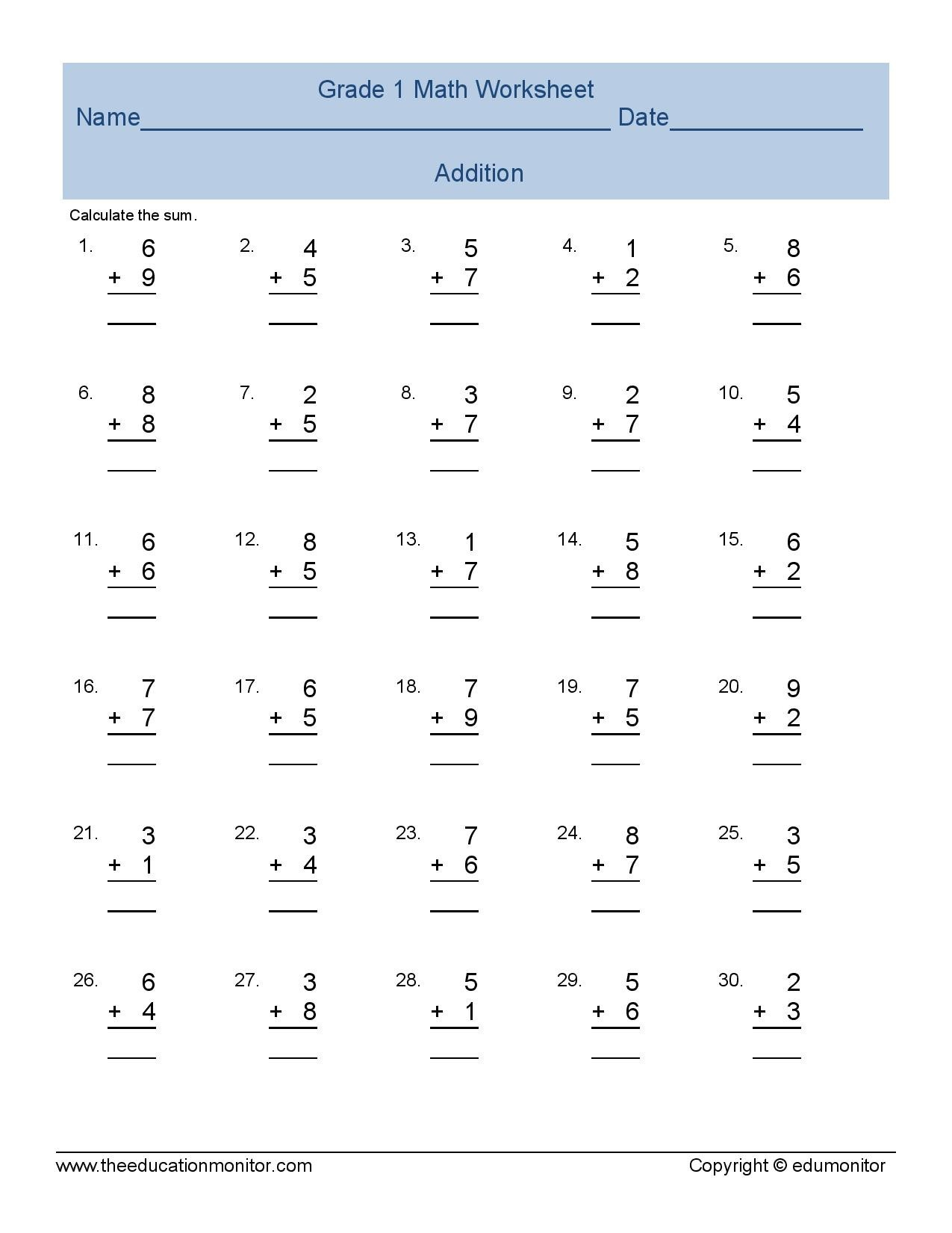 Free Printable Addition Worksheets For 1St Grade Math Worksheets 1St - Free Printable Addition Worksheets For 1St Grade