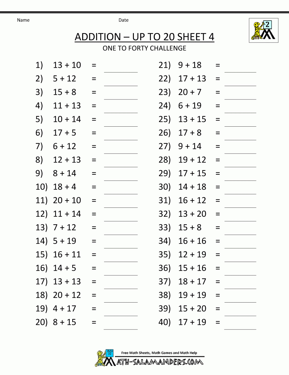 Free Printable Addition Worksheets Mental Addition To 20 4 | Kids - Free Printable Addition Worksheets