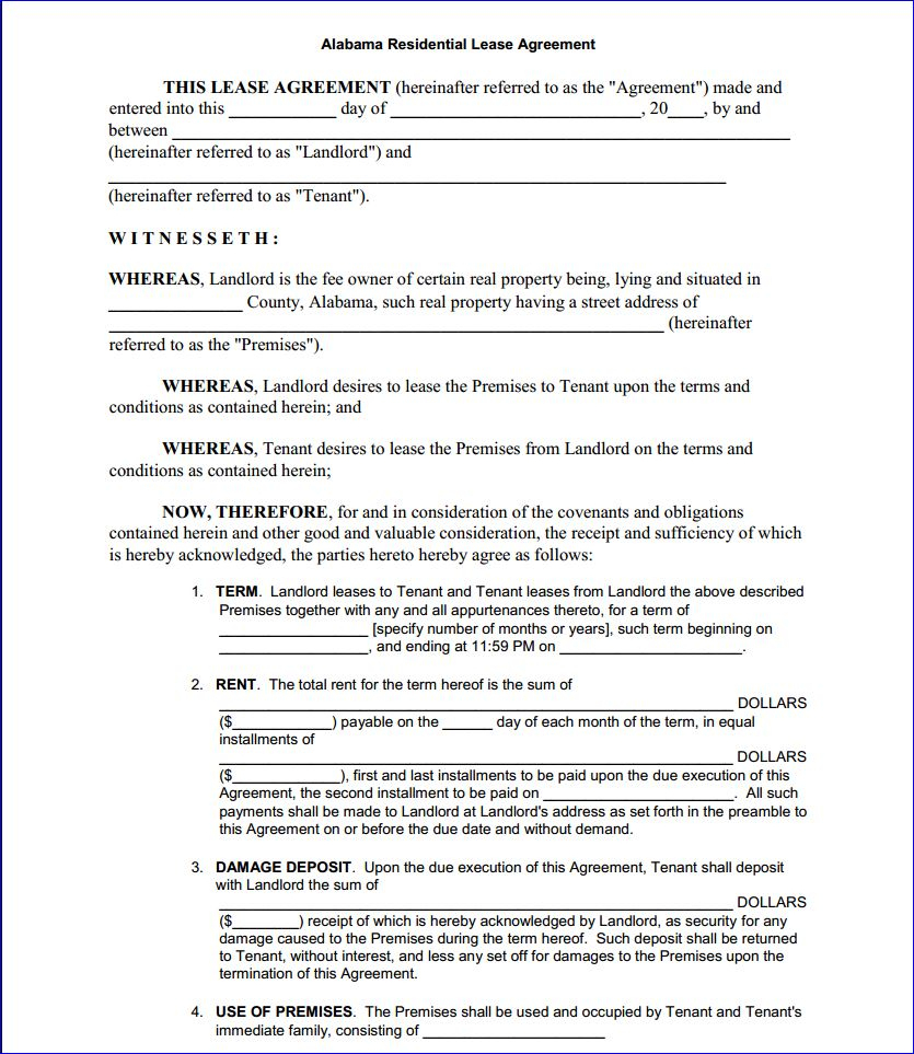 Free Printable Alabama Residential Lease Agreement - Printable - Free Printable Residential Rental Agreement Forms