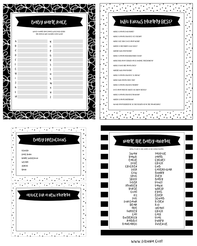 Free Printable Baby Shower Games - 5 Games (In 3 Colors!) | Lil&amp;#039; Luna - Free Printable Baby Shower Games