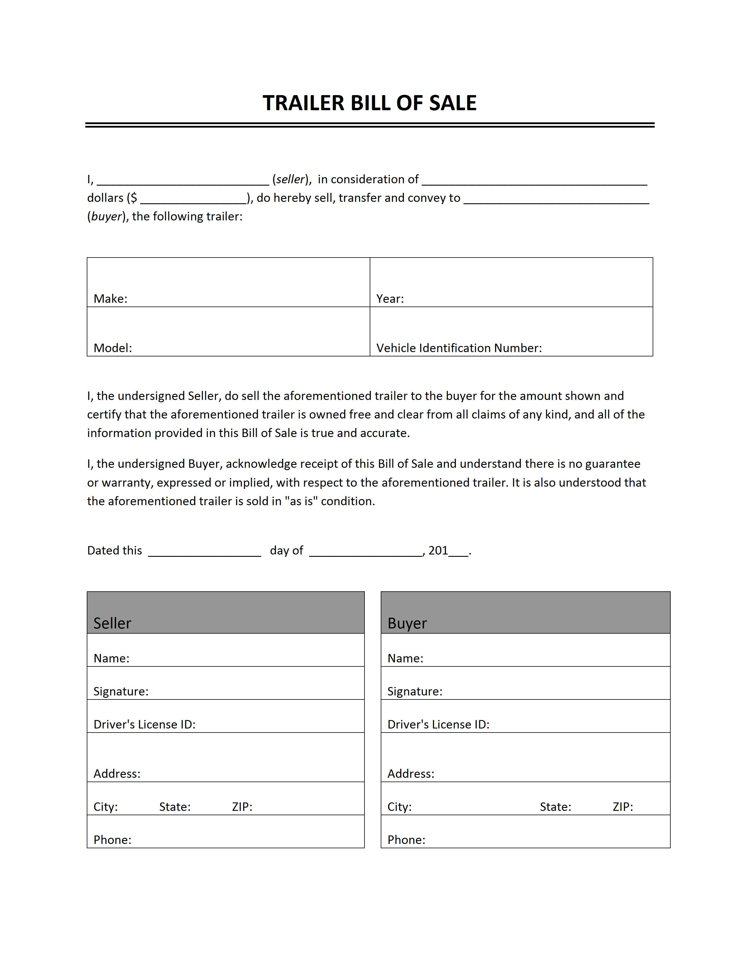 Free Printable Camper Bill Of Sale Form Free Form (Generic) - Free Printable Legal Documents