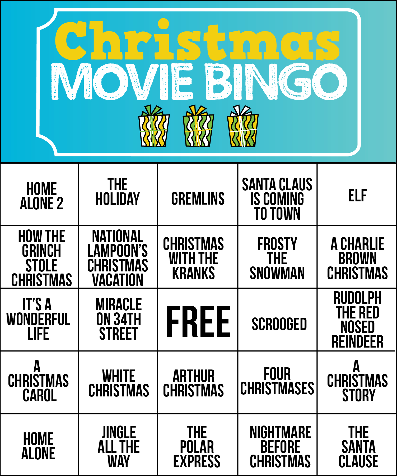 Free Printable Christmas Movie Bingo Cards | Christmas Games - Free Printable Christmas Board Games