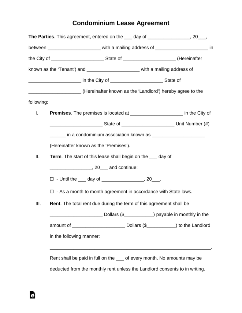 Free Printable Condo Lease Agreement - 2.13.kaartenstemp.nl • - Free Printable Lease Agreement