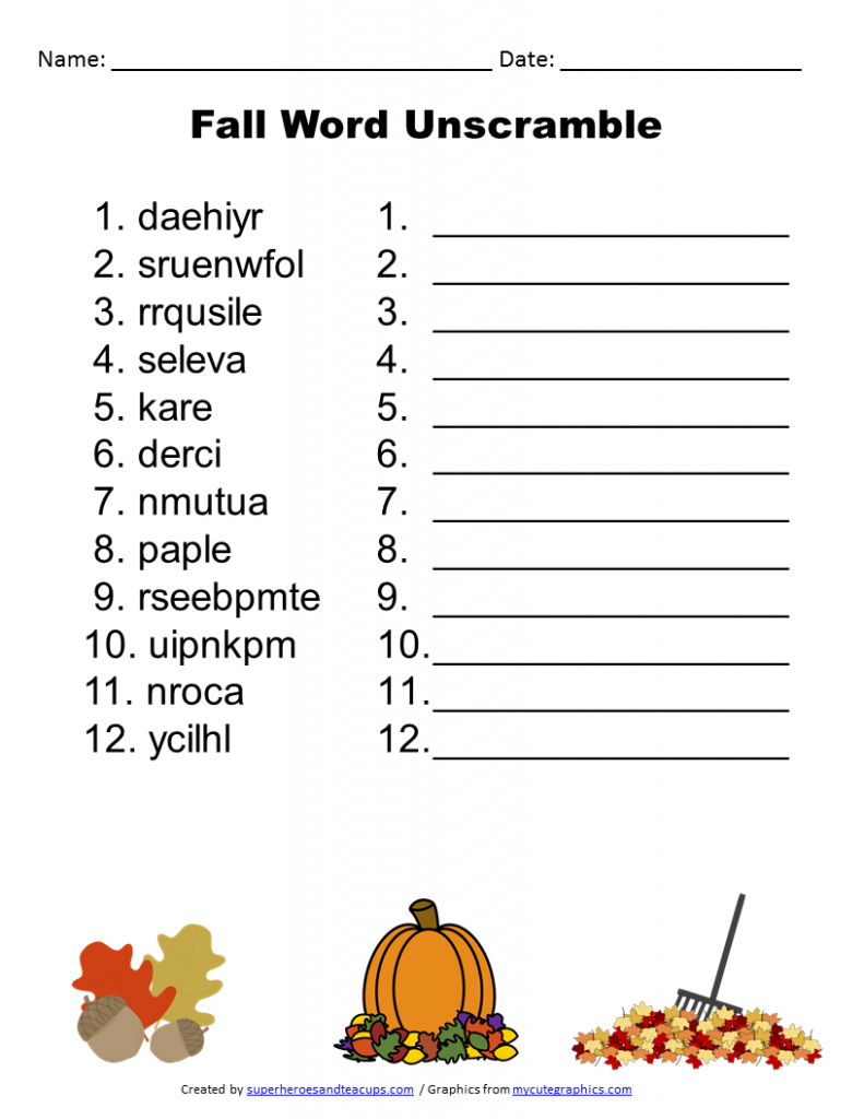 Free Printable - Fall Word Unscramble | Games For Senior Adults - Free Printable Word Games