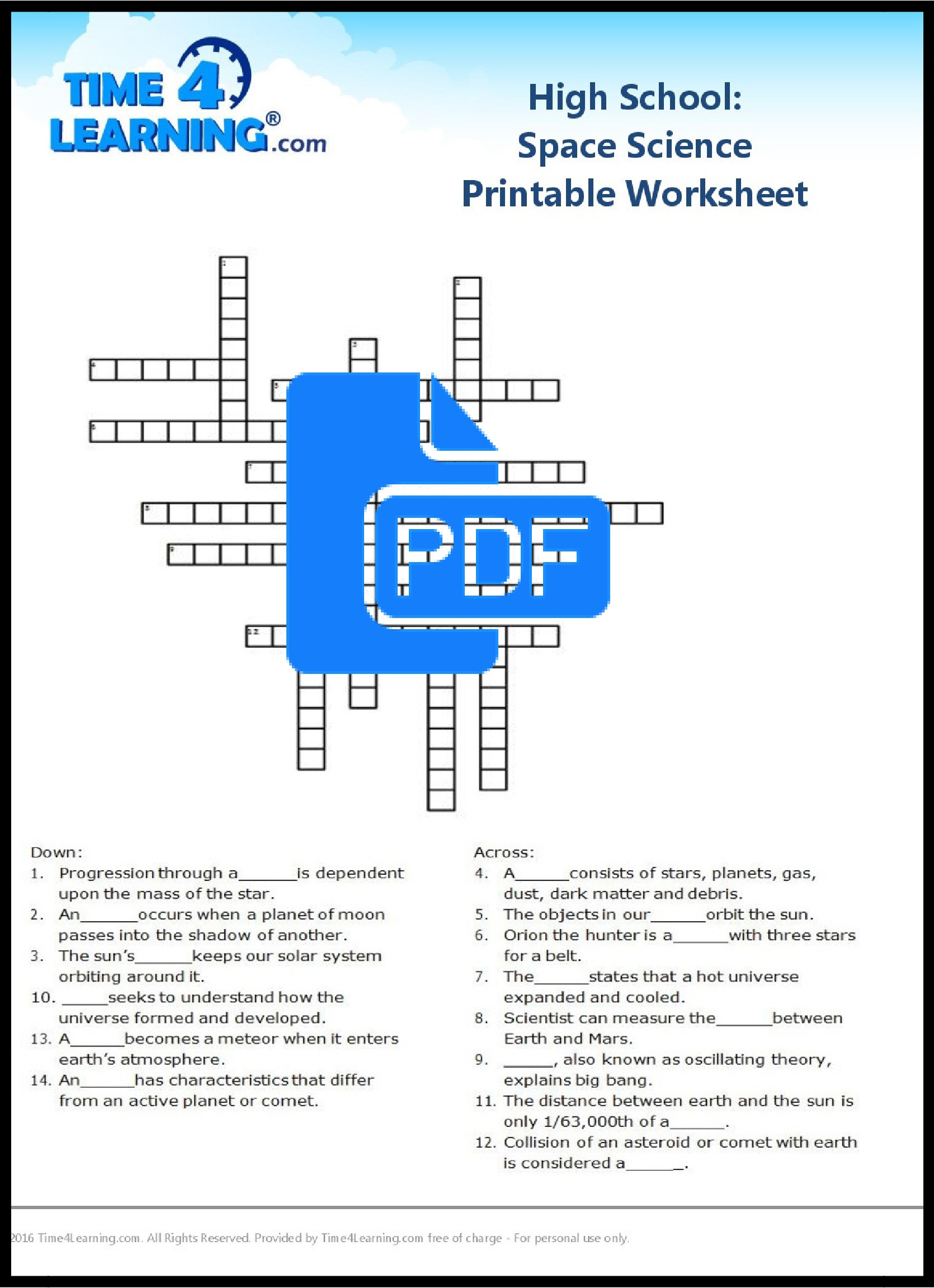 Free Printable: High School Space Science Worksheet | Time4Learning - Free Printable High School Worksheets