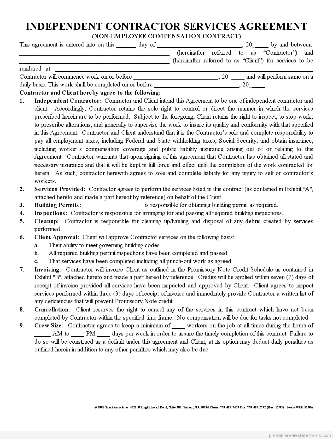 Free Printable Independent Contractor Agreement Form | Printable - Free Printable Contracts