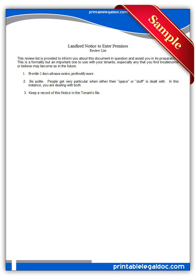 Free Printable Landlord, Notice To Enter Premises Legal Forms | Free - Find Free Printable Forms Online