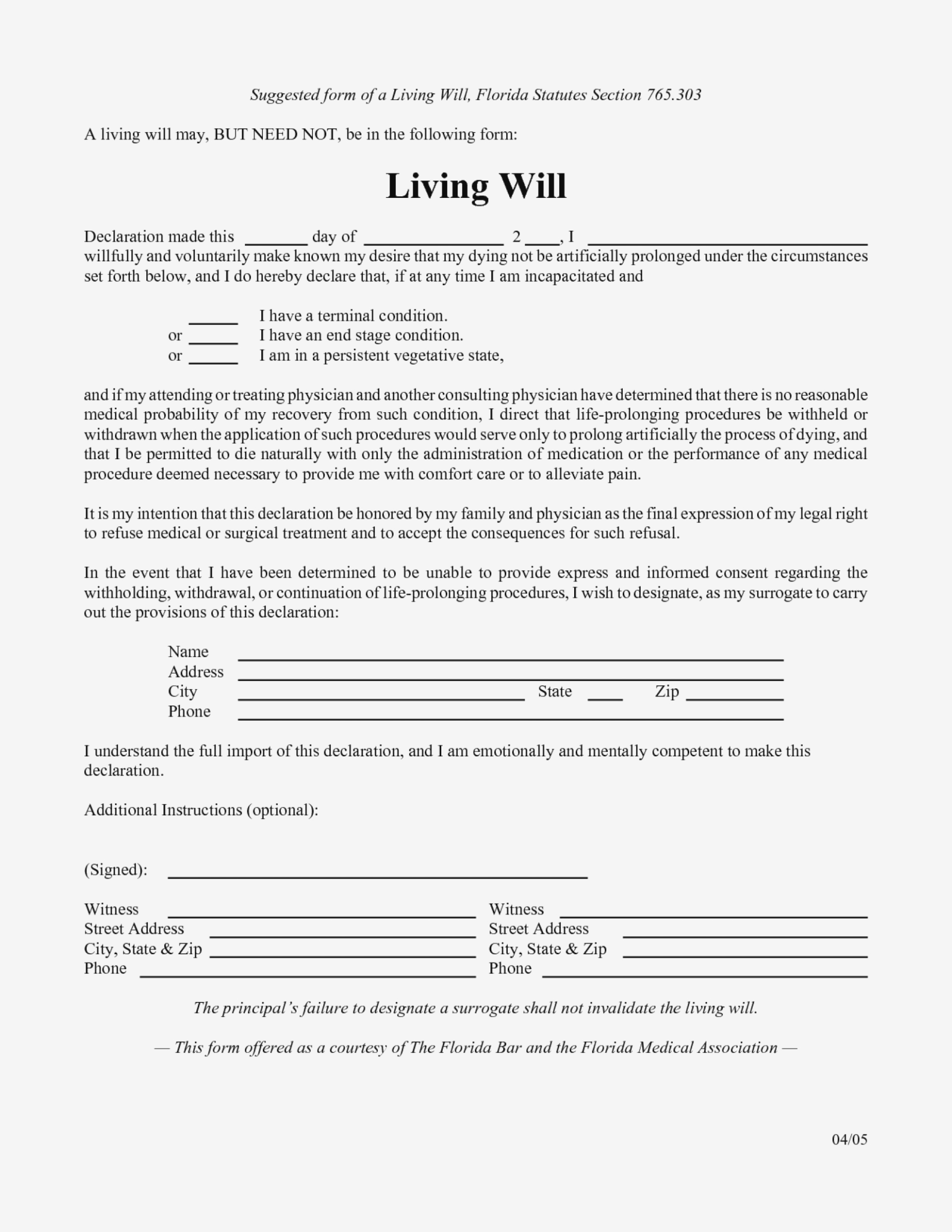 Free Printable Living Will Forms Florida 10 To Print Form .. – Form - Living Will Forms Free Printable