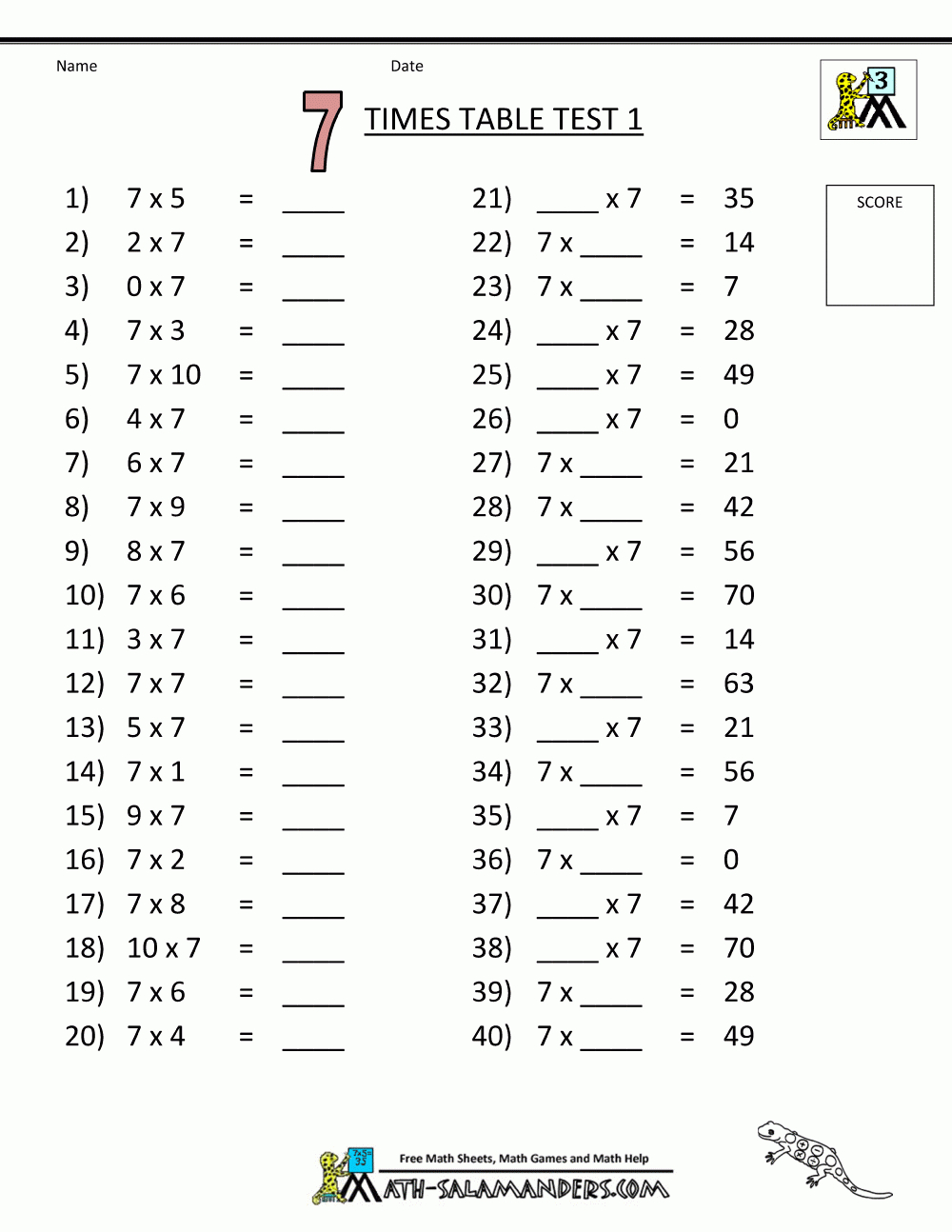 Free Printable Math Sheets 7 Times Table Test 1 | Korrutustabel - Homeschooling Paradise Free Printable Math Worksheets Third Grade