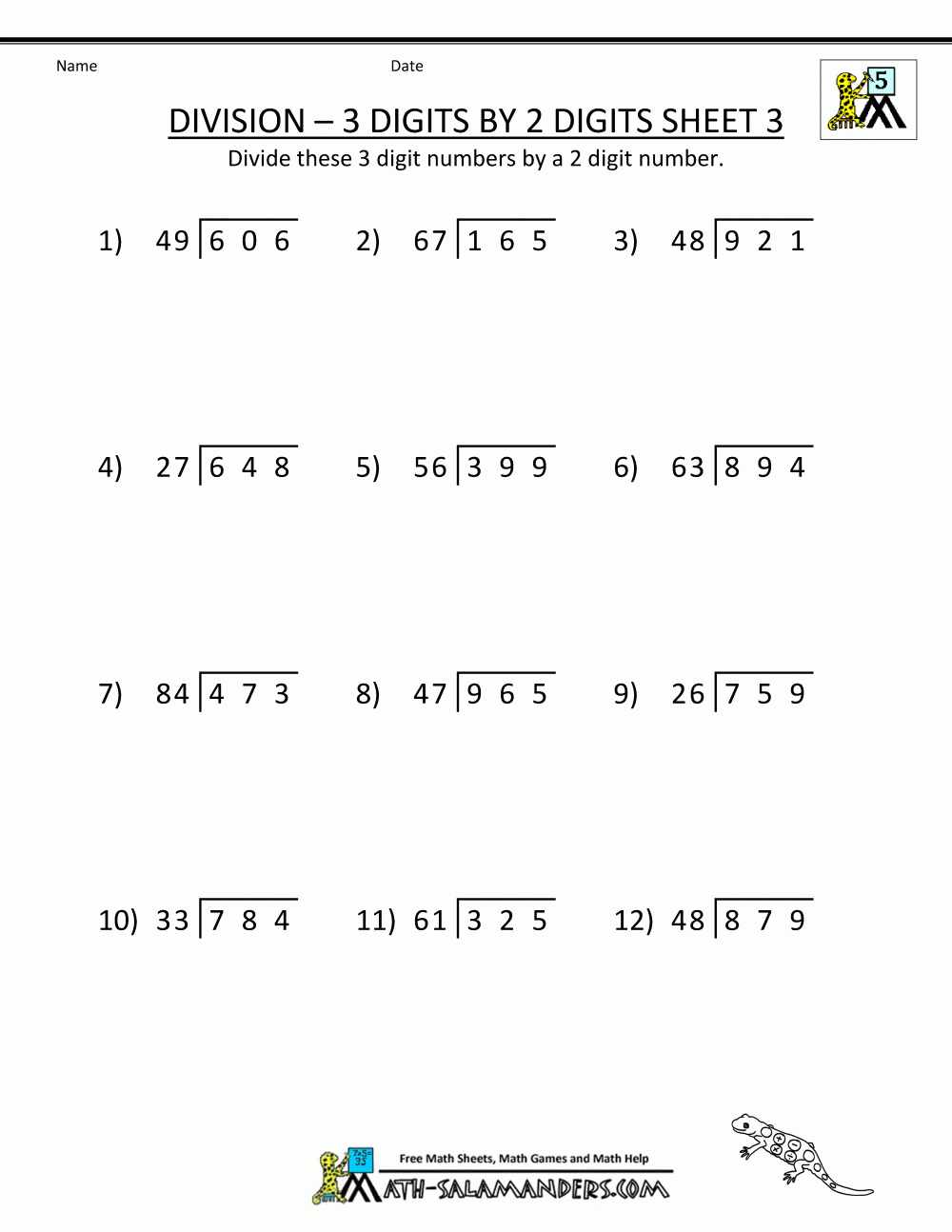 Free Printable Math Sheets Division 3 Digits2 Digits 3 | 5Th - Free Printable Worksheets For 5Th Grade