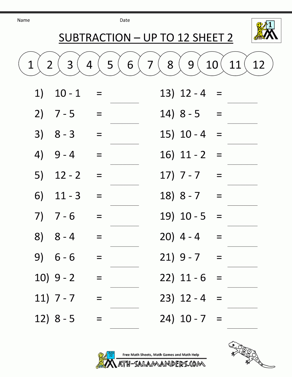 Free Printable Math Sheets Mental Subtraction To 12 2 | Výuka | Math - Free Printable Maths Games