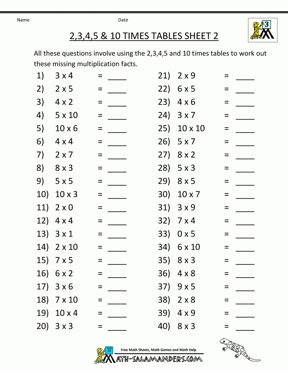 Free Printable Math Sheets Multiplication 2 3 4 5 10 Times Tables 2 - Free Printable Multiplication Table