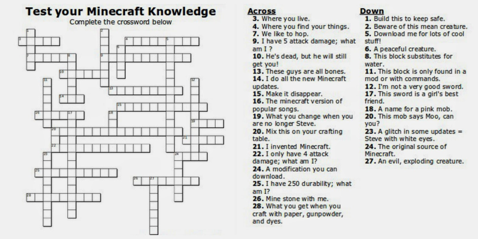 Free Printable Minecraft Crossword Search: Test Your Minecraft - Free Printable Crossword Puzzles For Kids