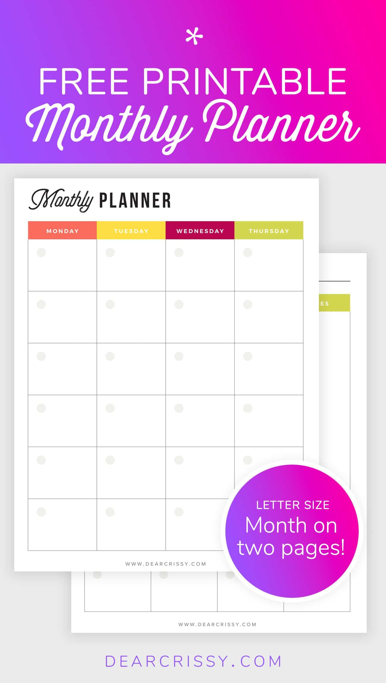 Free Printable Monthly Planner - Month-On-2-Pages Planner - Mo2P - Free Printable Monthly Planner