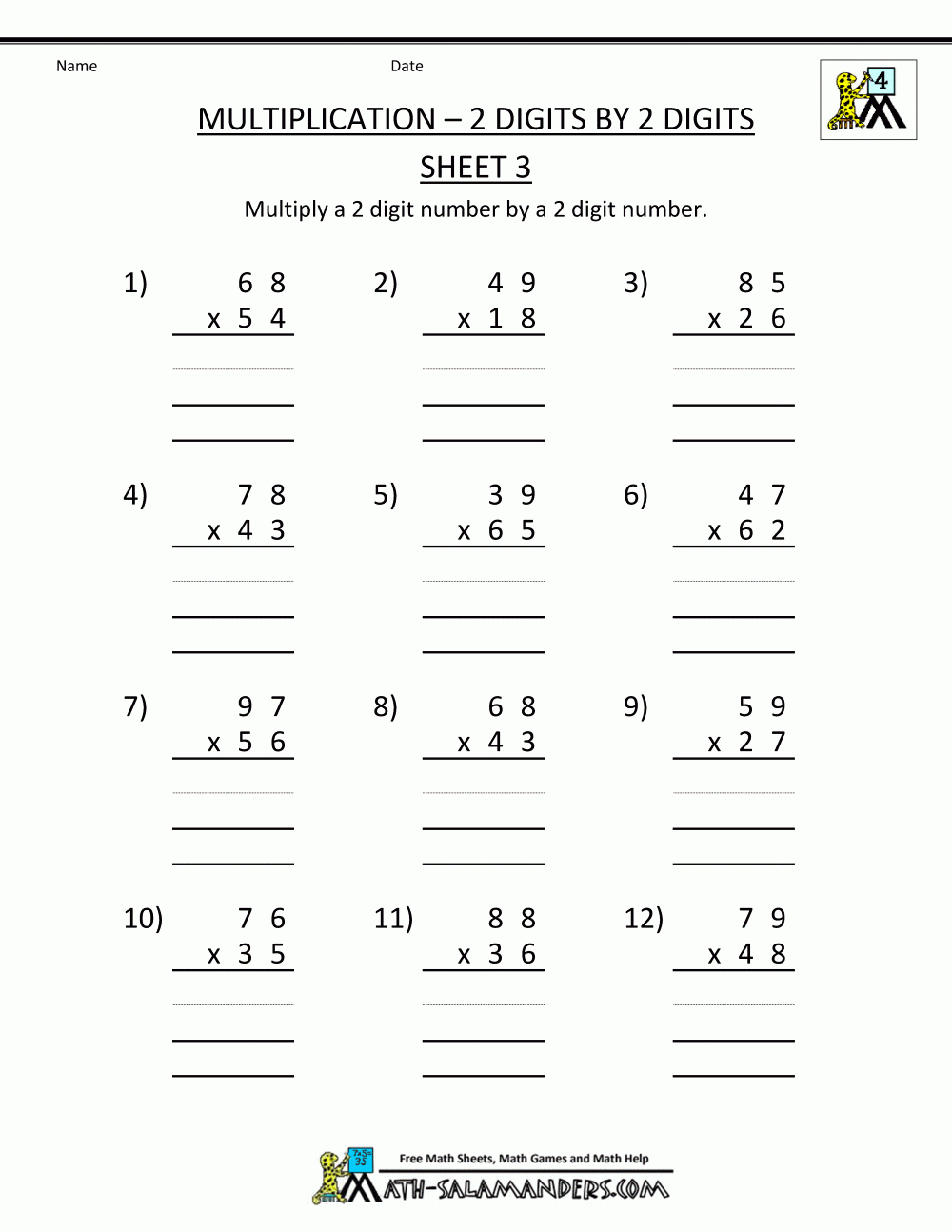 Free Printable Multiplication Worksheets 2 Digits2 Digits 3 - Free Printable Math Worksheets For 4Th Grade