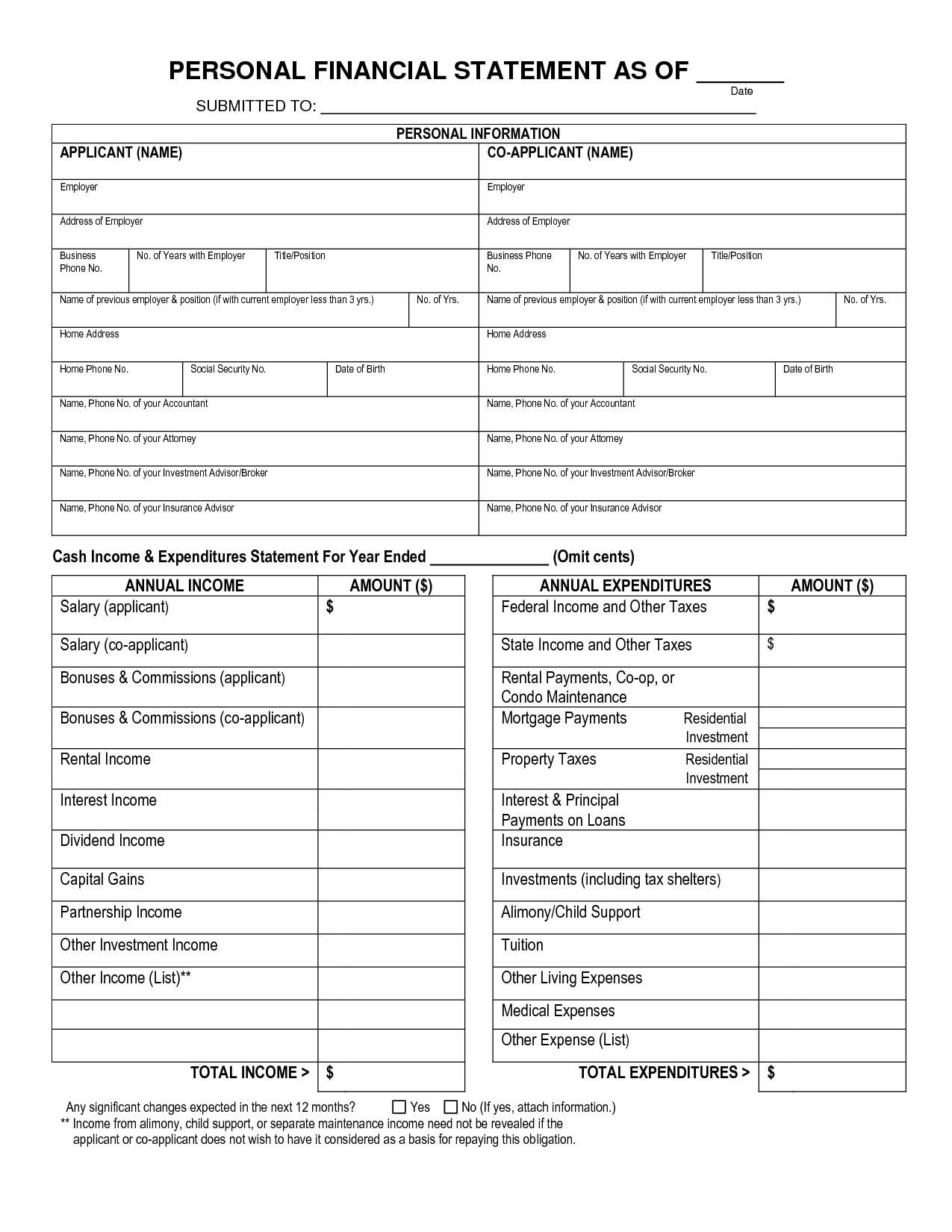 Free Printable Personal Financial Statement | Blank Personal - Find Free Printable Forms Online