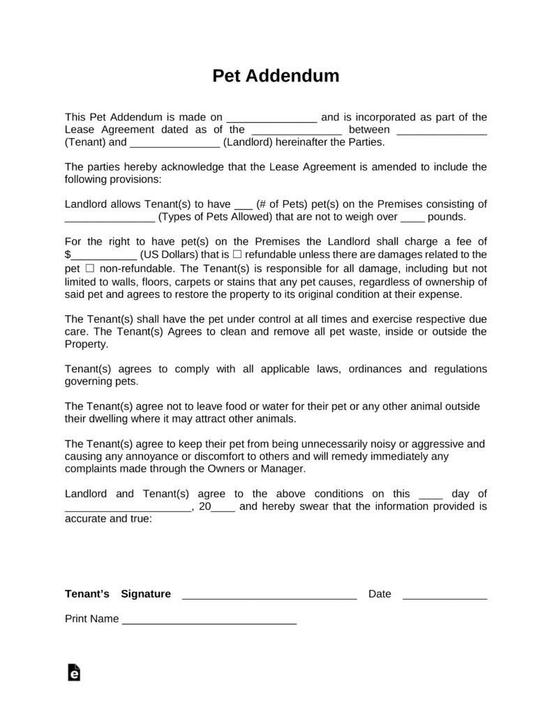 Free Printable Pet Addendum Forms - 2.13.kaartenstemp.nl • - Free Printable Pet Addendum