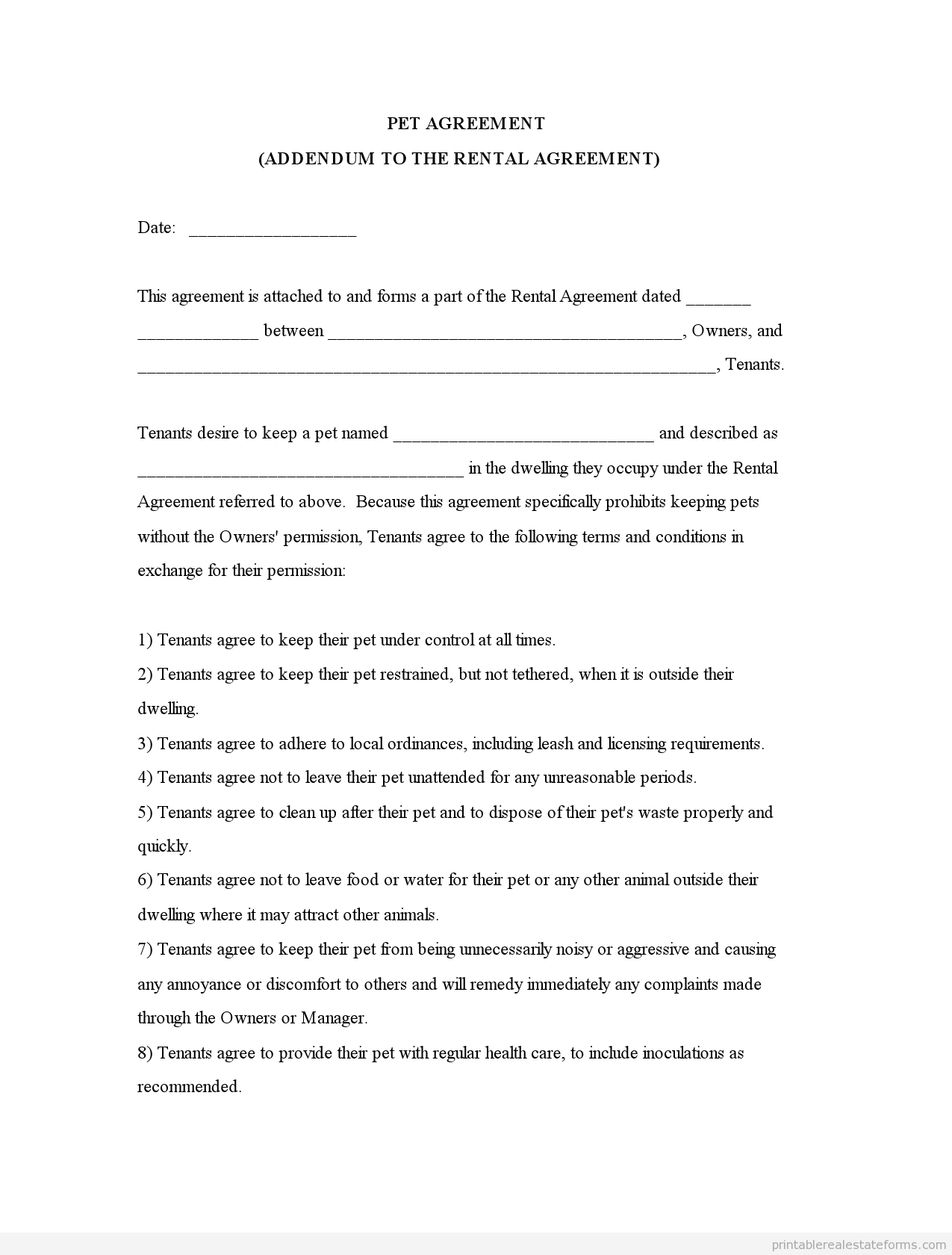 Free Printable Pet Addendum Forms -Owners Pet Agreement - Free Printable Pet Addendum